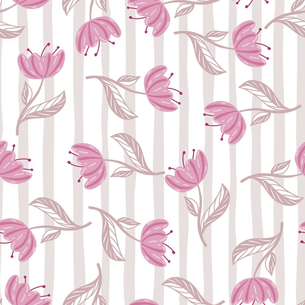 Decorative seamless pattern with pink random poppy flower silhouettes. Striped light background. vector