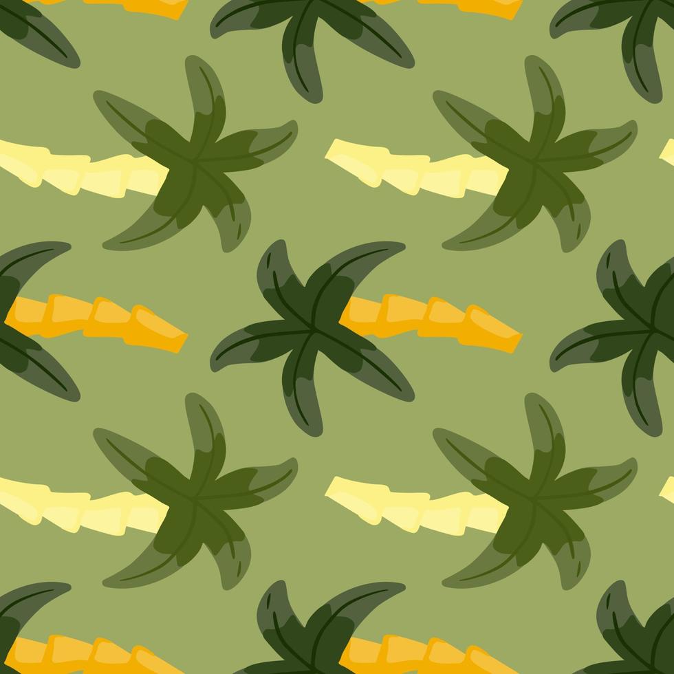 Exotic botany seamless pattern with green palm tree elements. Pastel background. Doodle style. vector