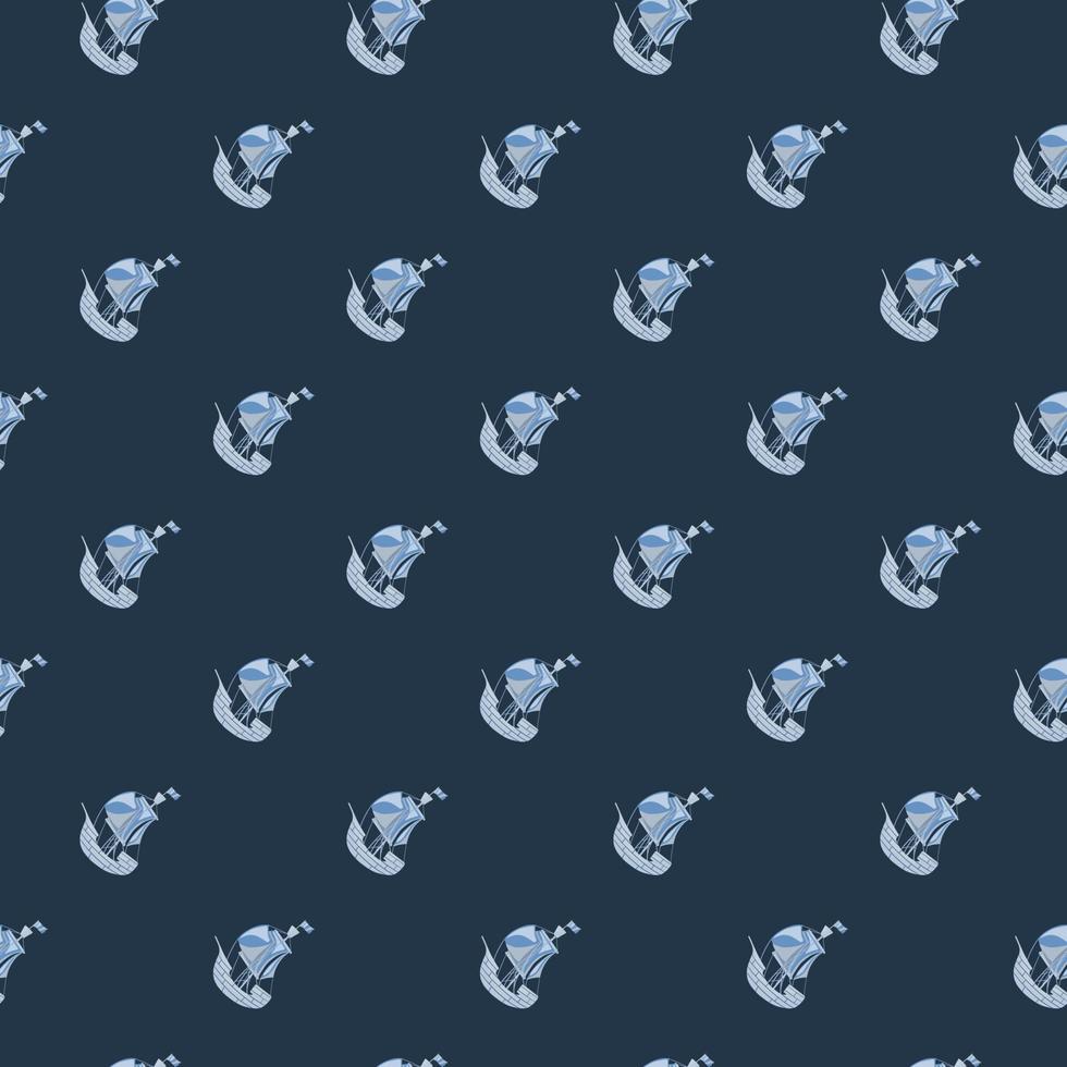 Dark seamless pattern in sea style with simple little blue sailboat ship print. Adventure marine backdrop. vector