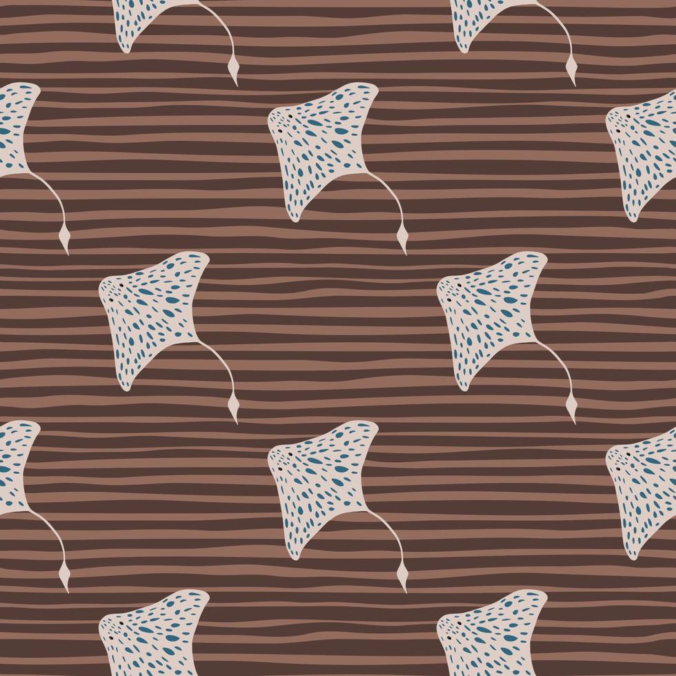 Tropical stingray elements seamless doodle pattern. Grey animal silhouettes on brown striped background. vector