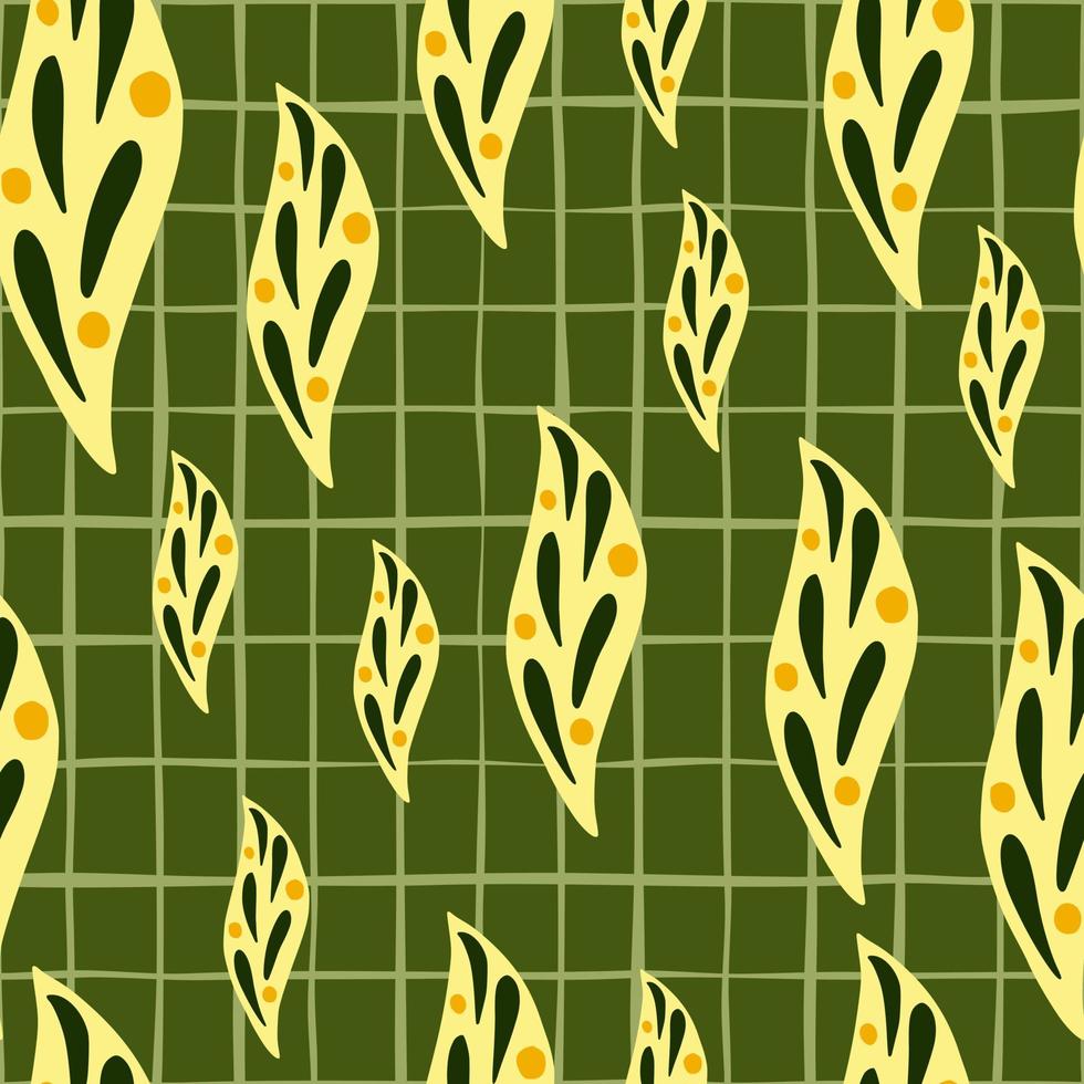 Yellow abstract leaf ornament seamless pattern in geometric style. Green chequered background. vector