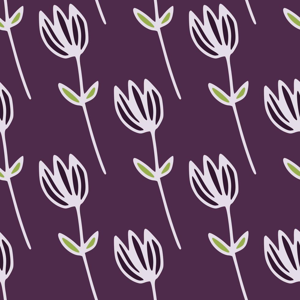 Minimalistic outline tulip flowers seamless pattern with white contour. Dark purple background. Stylized artwork. vector