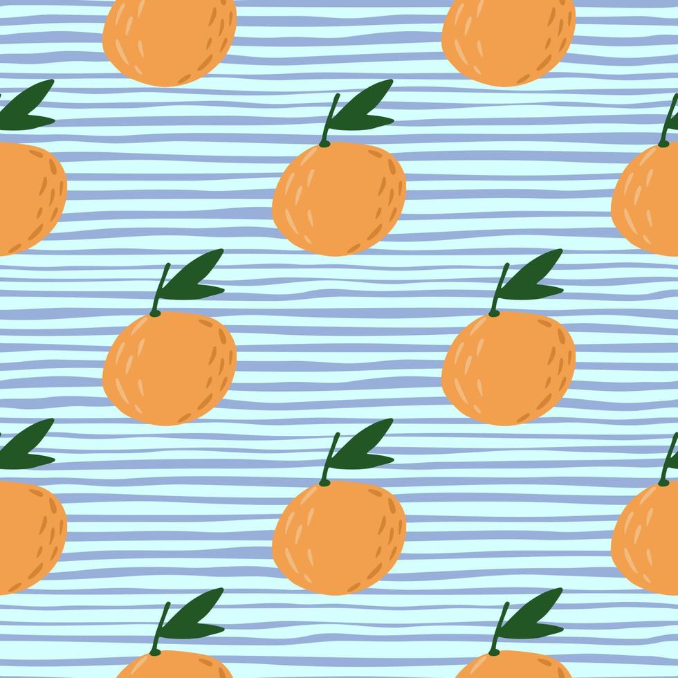Stylized simple fruit seamless pattern with orange mandarins ornament. Blue striped background. Food backdrop. vector