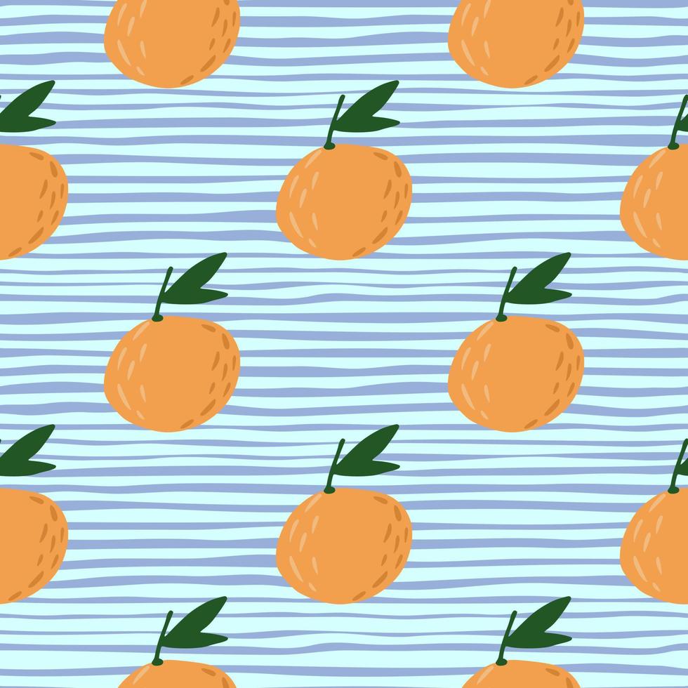 Stylized simple fruit seamless pattern with orange mandarins ornament. Blue striped background. Food backdrop. vector