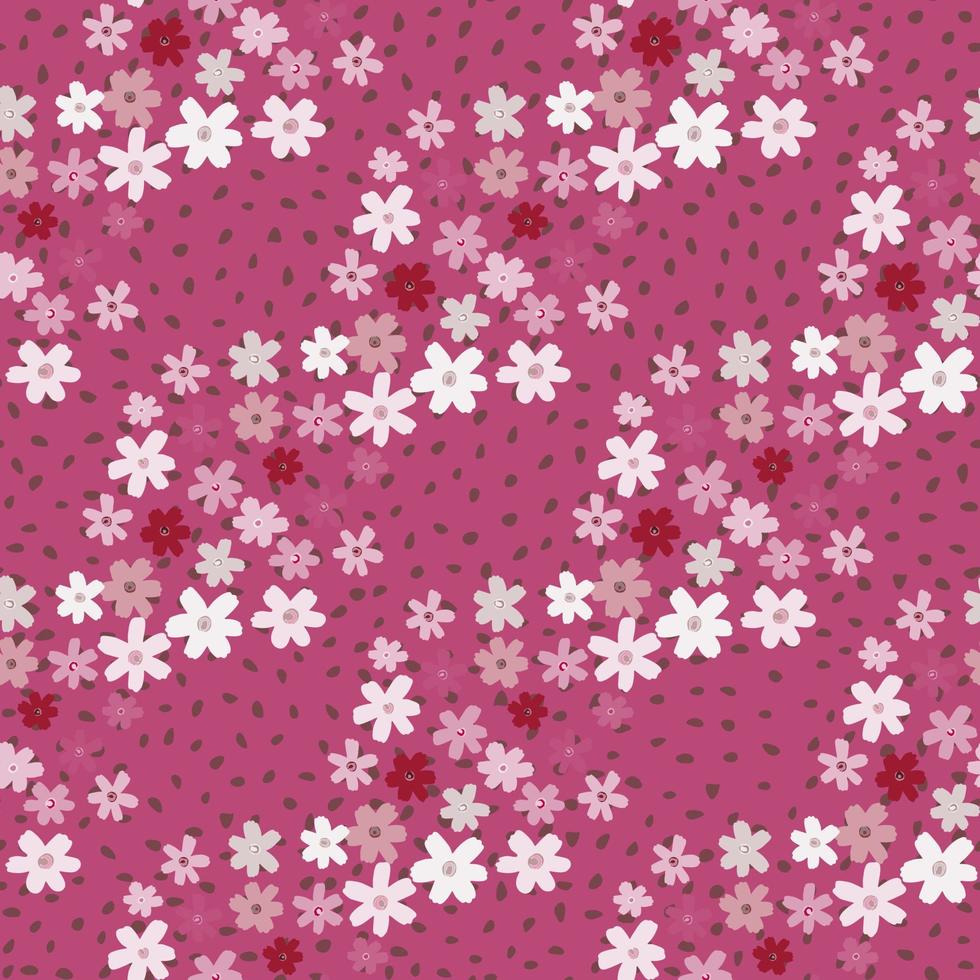 Summer bright seamless daisy abstract silhouettes seamless pattern. Pink background with dots and little botanic shapes. vector