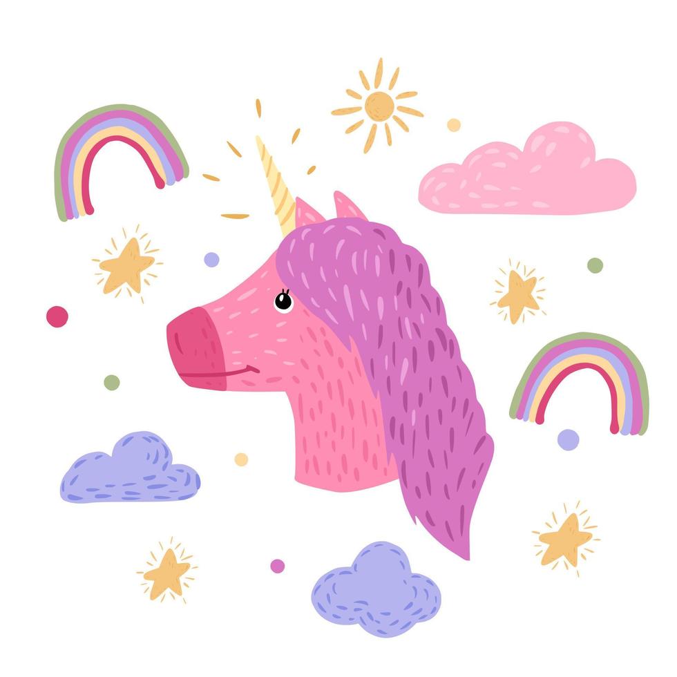 cabeza de composición unicornio sobre fondo blanco. dibujos animados lindo personaje unicornio, arco iris, sol, estrella, nube en garabato. vector