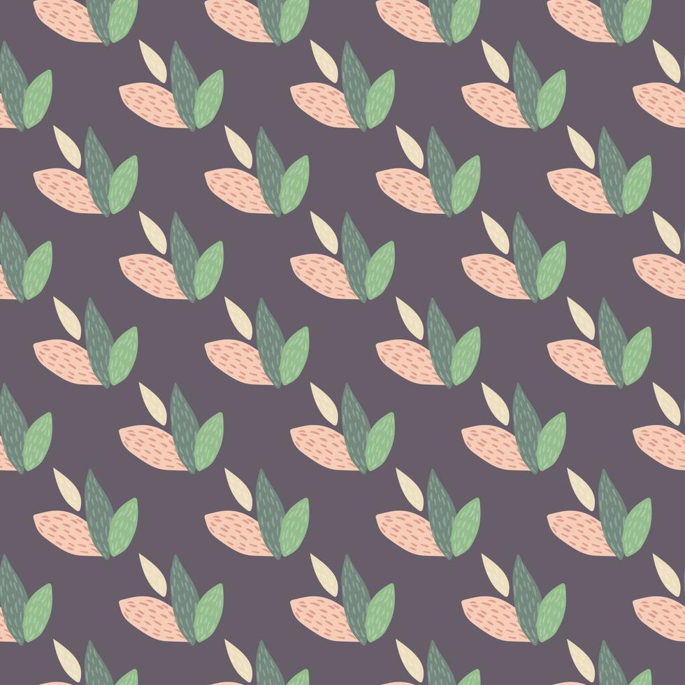 Leaves ornament seamless pattern in green and pink colors. Purple background. Scandinavian style. vector