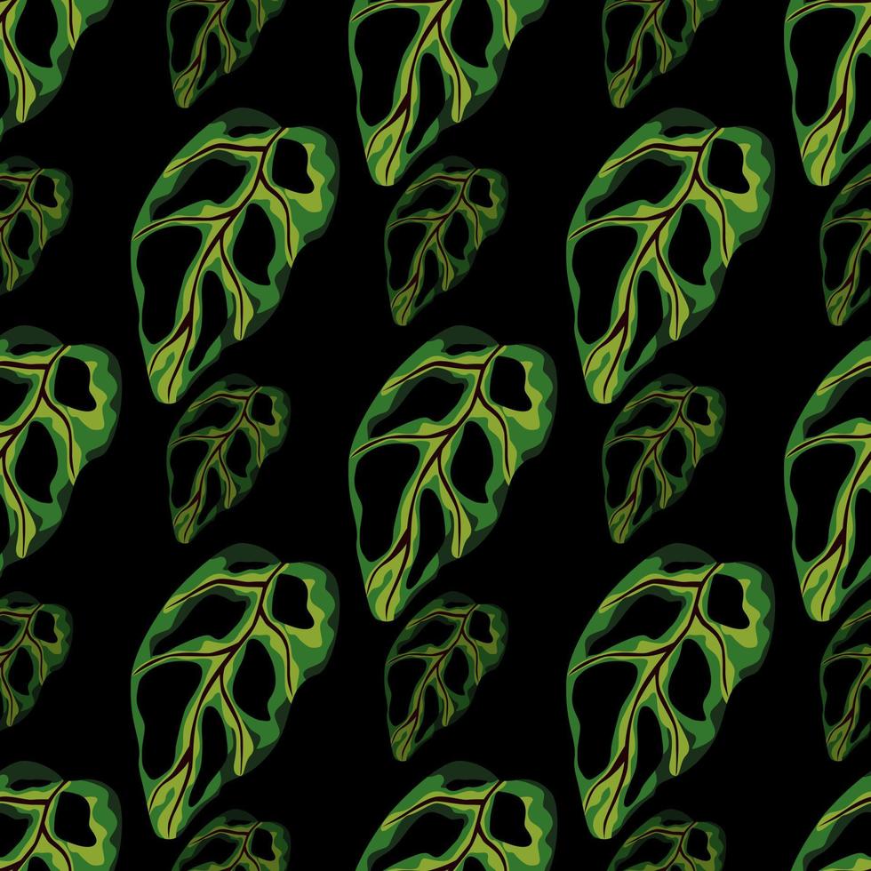 Hawaii monstera leaves seamless pattern. Botanic tropical shapes in green color on black background. vector