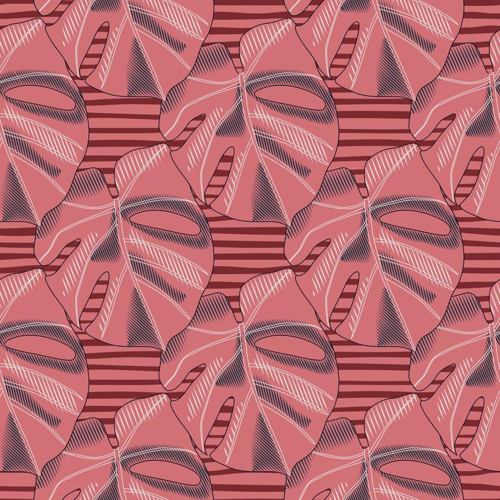Pink palette monstera ornament seamless doodle pattern. Striped background. Botanic tropical artwork. vector