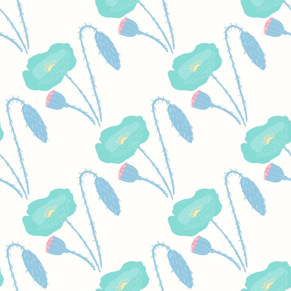 Seamless isolated pattern with hand drawn blue poppy silhouettes. White background. Stylized botanic print. vector