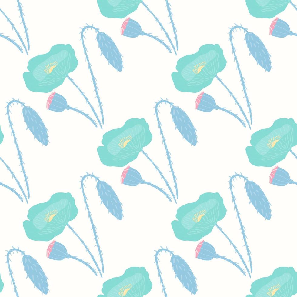 Seamless isolated pattern with hand drawn blue poppy silhouettes. White background. Stylized botanic print. vector