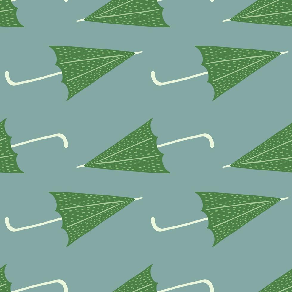 Green umbrella doodle ornament seamless pattern. Blue background. Pastel palette artwork. vector