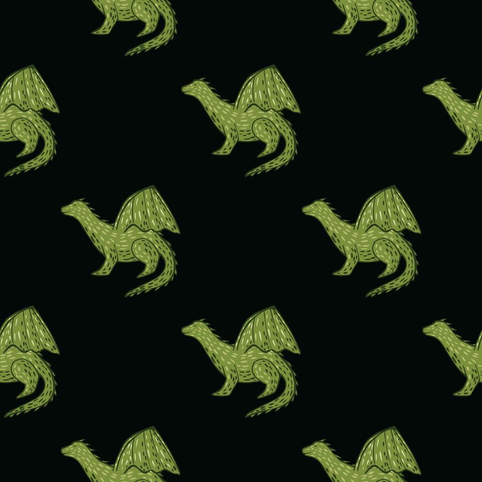 Green dragon silhouettes on black background seamless pattern. Simple design. vector