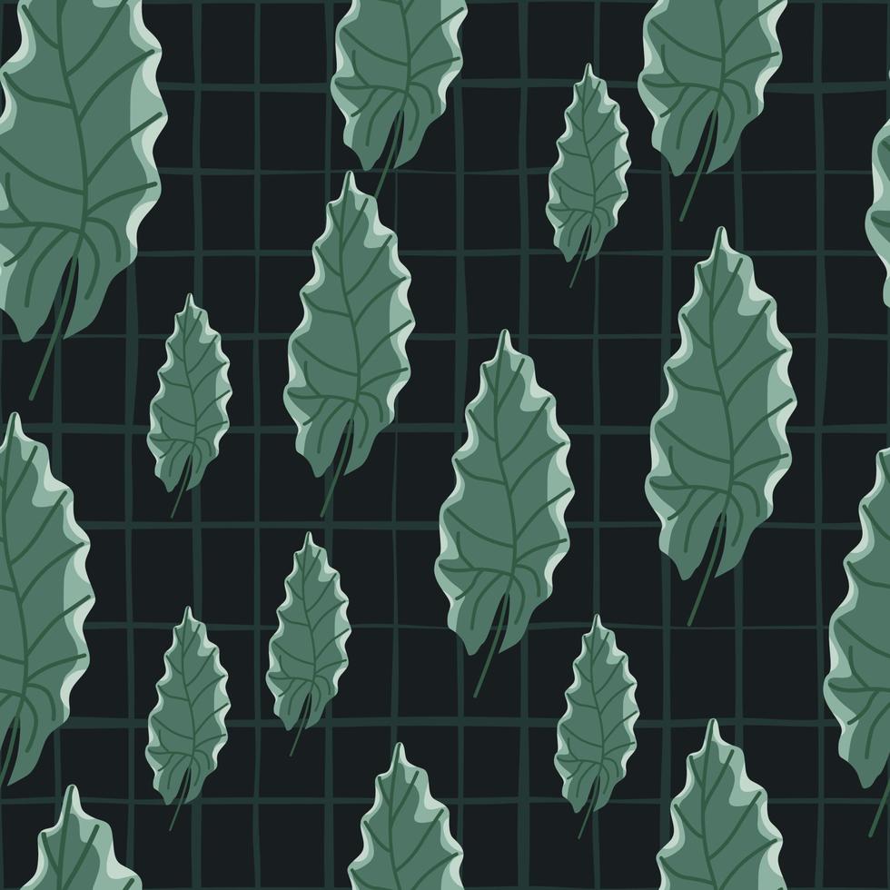 Random green autumn oak leaf silhouettes seamless pattern. Black background with check. vector