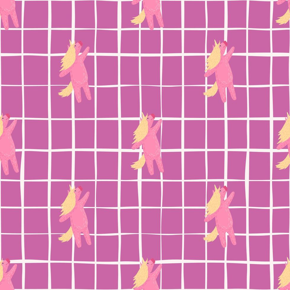 Fantasy kids seamless pattern with simple pink unicorn ornament. Chequered background. vector