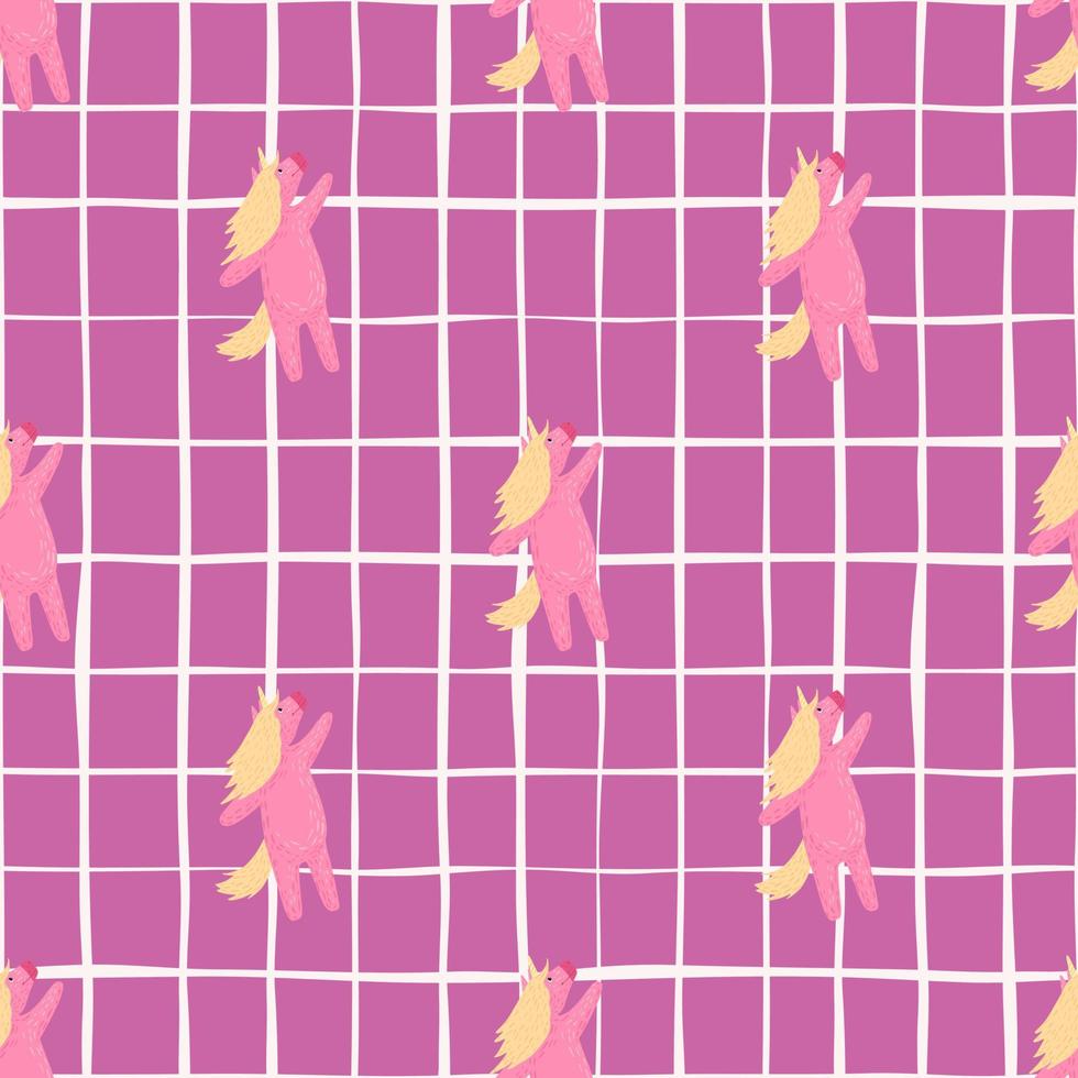 niños de fantasía de patrones sin fisuras con un simple adorno de unicornio rosa. fondo a cuadros. vector