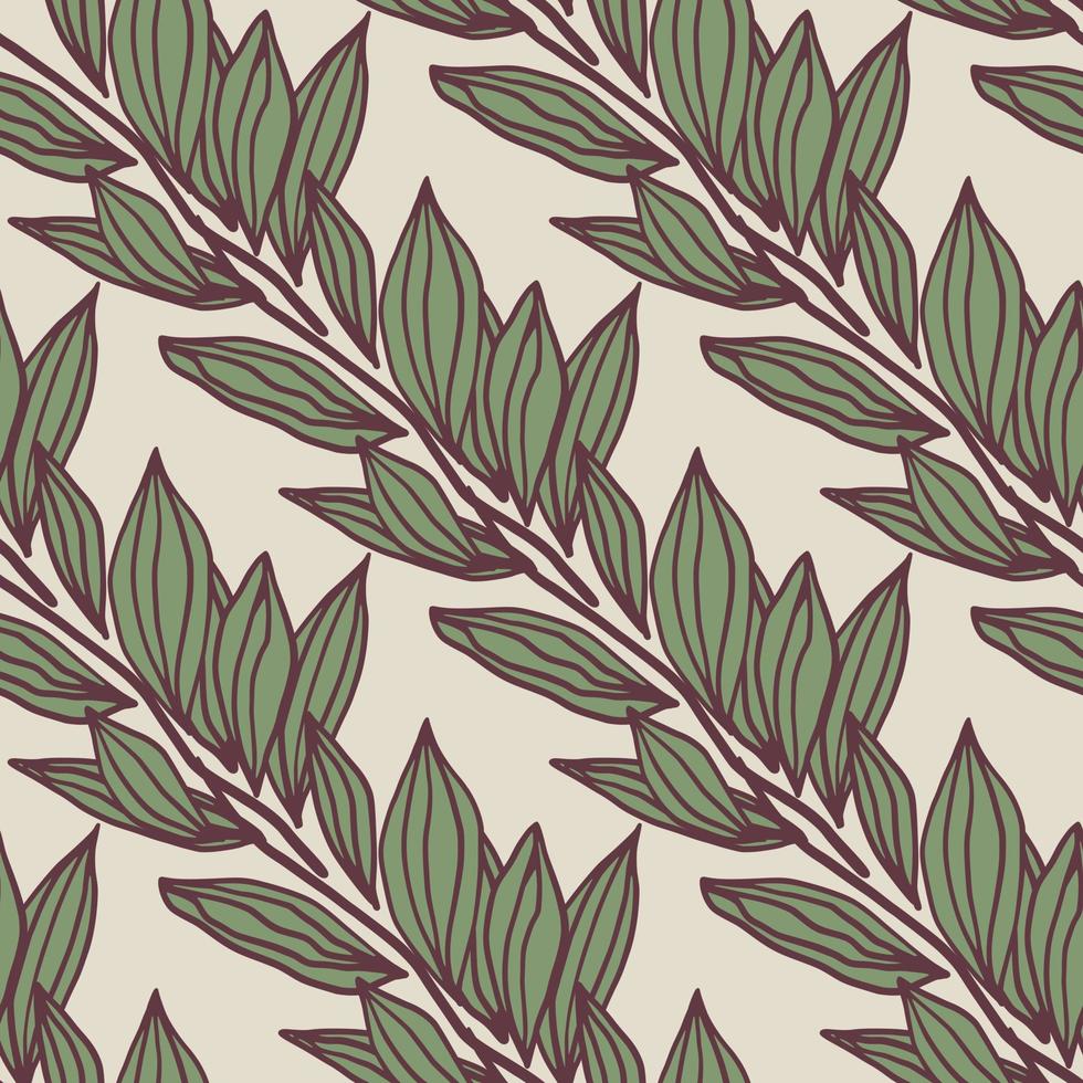 Floral seamless pattern with outline foliage silhouettes on light background. Green botanic ornament with purple contour. vector