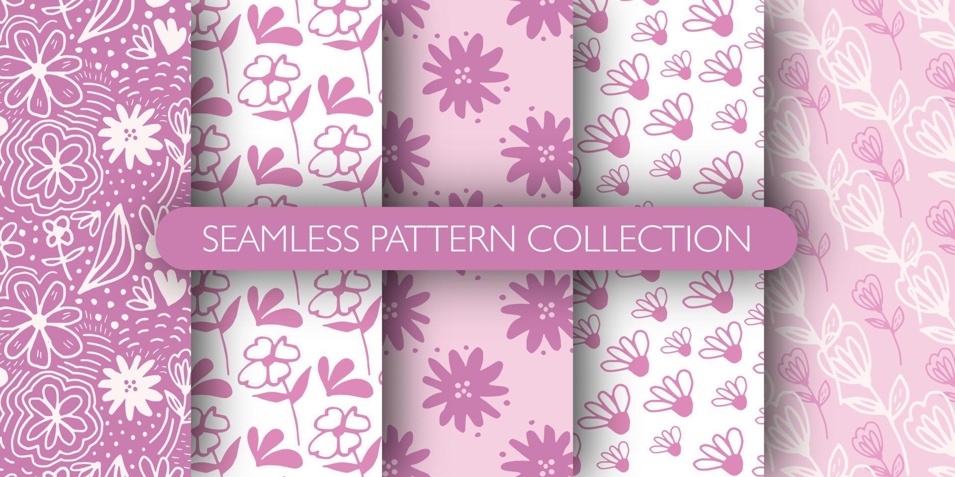 Set of doodle pink outline flower seamless patterns. Ditsy floral background. Funny floral endless wallpaper. vector