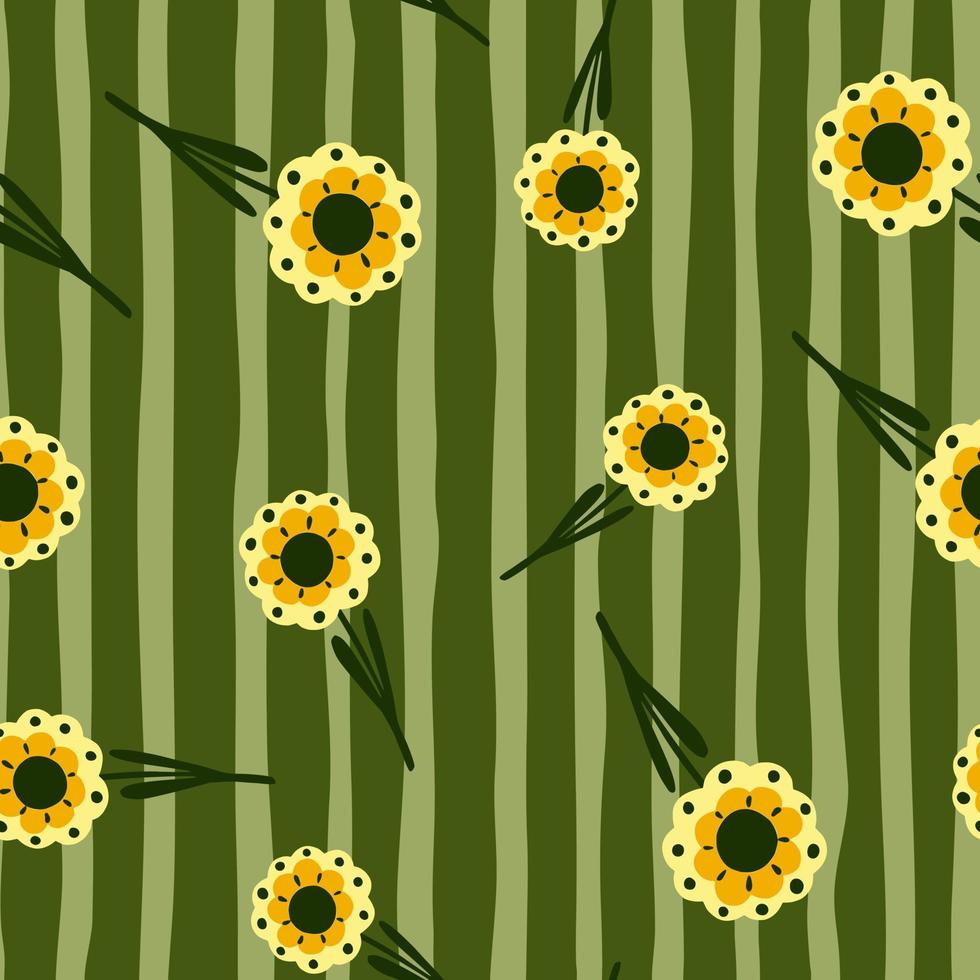 Random creative style seamless pattern with yellow flowers ornament. Green olive striped background. vector