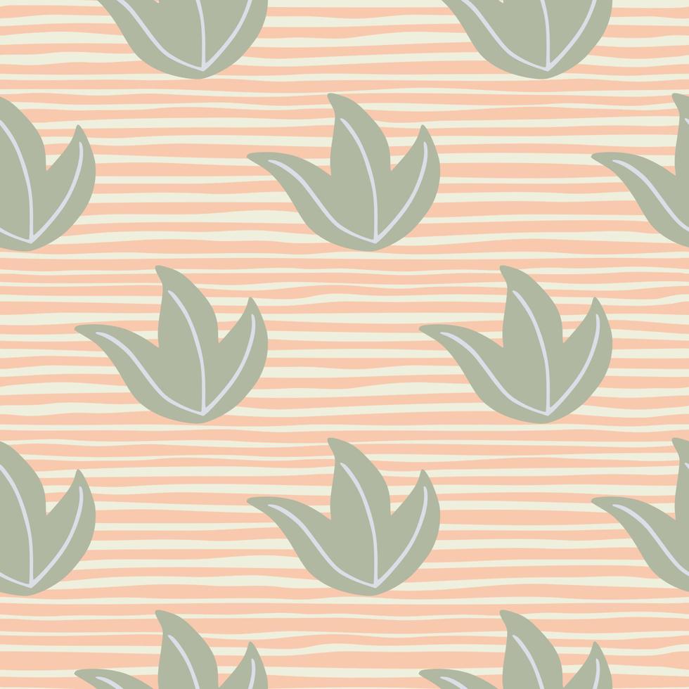 Pale tones seamless pattern with doodle grey contoured leaves foliage bush ornament. Striped background. vector