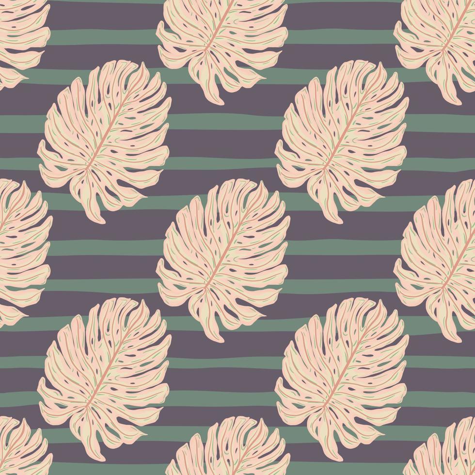 Seamless pattern with doodle pink monstera leaves silhouettes print. Purple striped background. vector