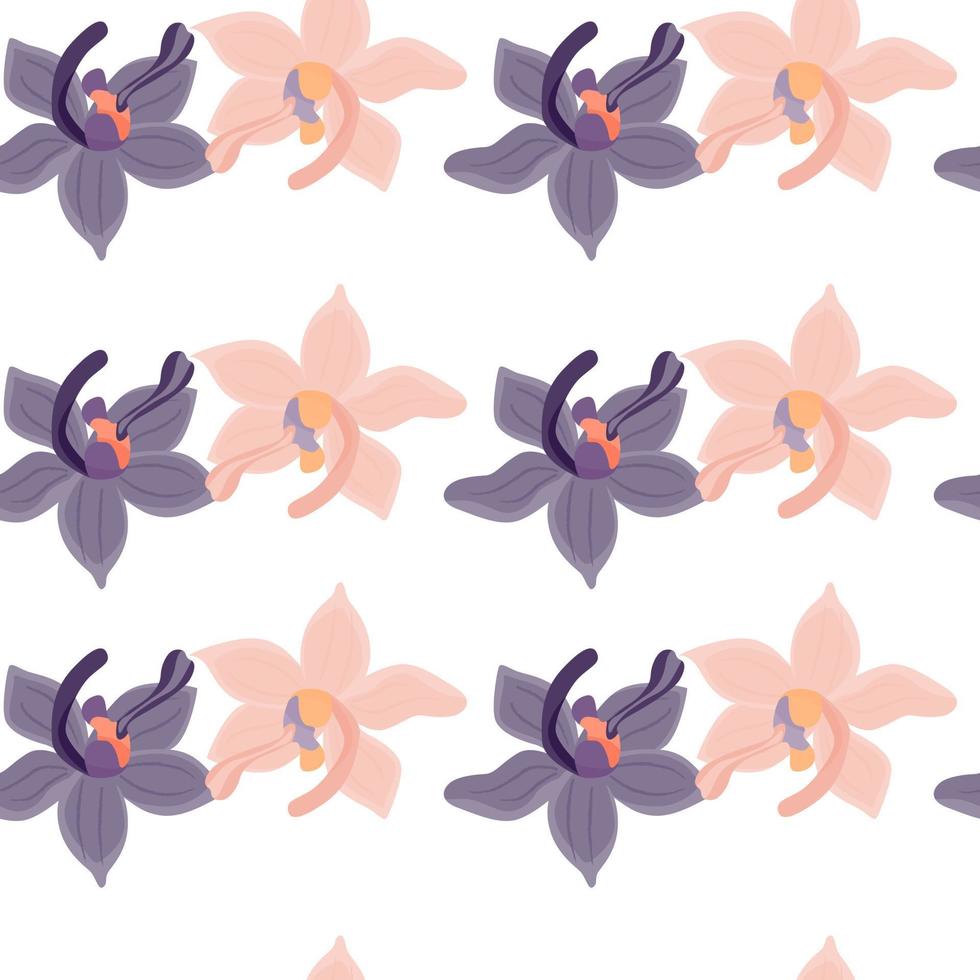 Isolated seamless pattern with pink and purple colored orchid flowers silhouettes. Isolated background. vector
