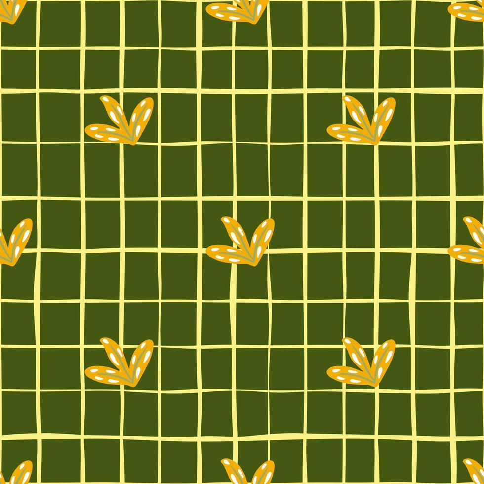 Simple hand drawn style seamless pattern with doodle yellow leaves print. Green olive chequered background. vector