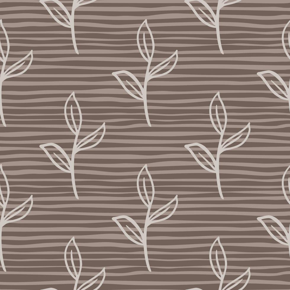 Abstract botanic seamless pattern with contoured leaf branches shapes. Brown striped backround. vector