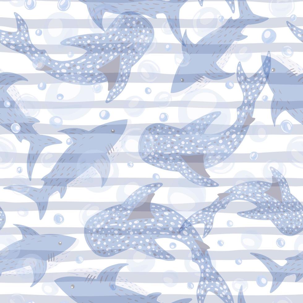 Seamless pattern see-through sharks on blue striped background. Cute print with Hammerhead, Whale, White shark and bubbles. vector