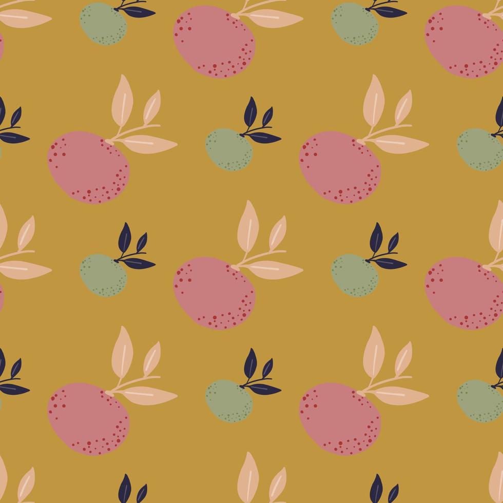 Organic seamless pattern with pink simple mandarin ornament. Ocher background. Simple style. vector