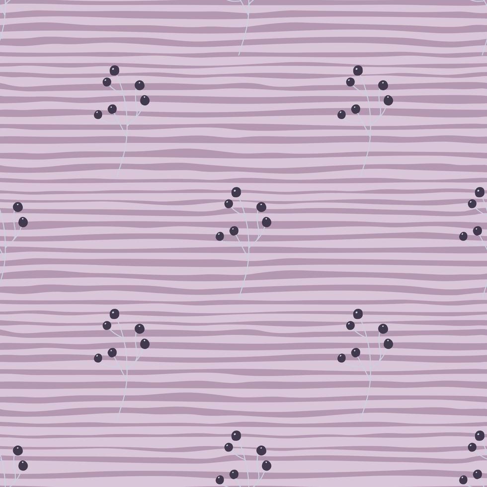 Minimalistic style seamless pattern with doodle berries shapes. Purple pastel striped background. vector