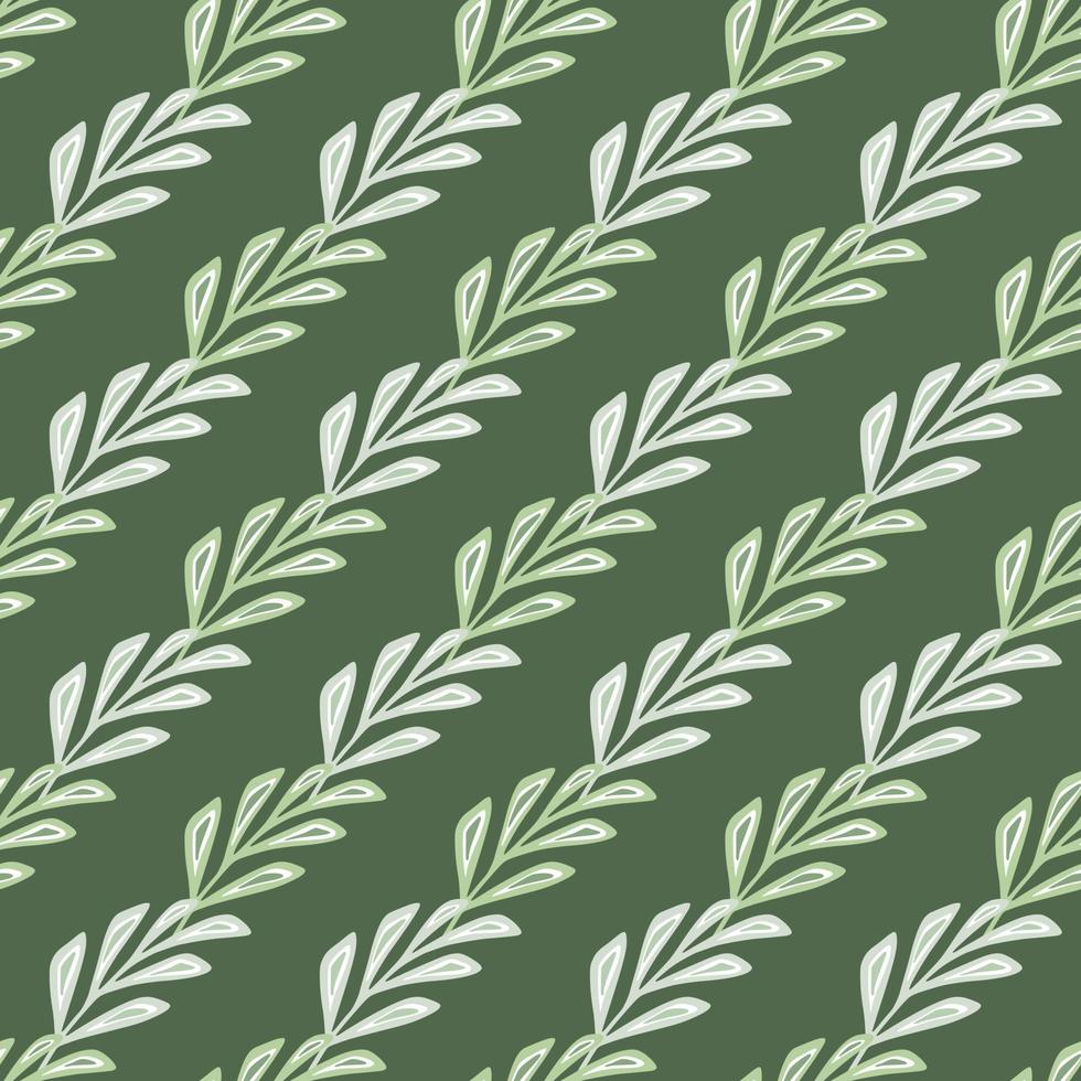Hand drawn seamless pattern with diagonal foliage stylized elements print. Green olive background. vector
