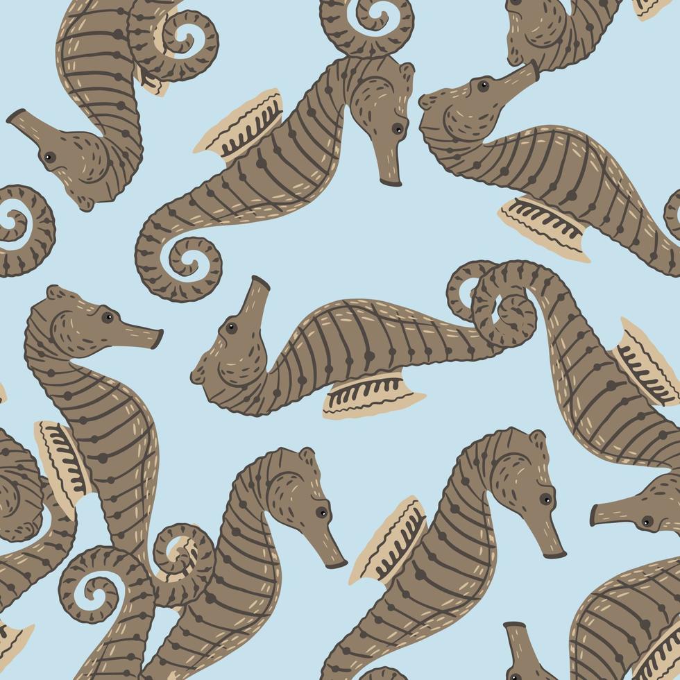 patrón aleatorio de animales oceánicos sin fisuras con siluetas de caballitos de mar de color marrón pálido. fondo azul pastel. vector
