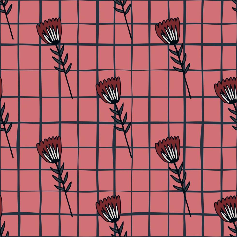 Bright contrast flowers abstract silhouettes seamless pattern. Contoured red tulips on pink background with check. vector