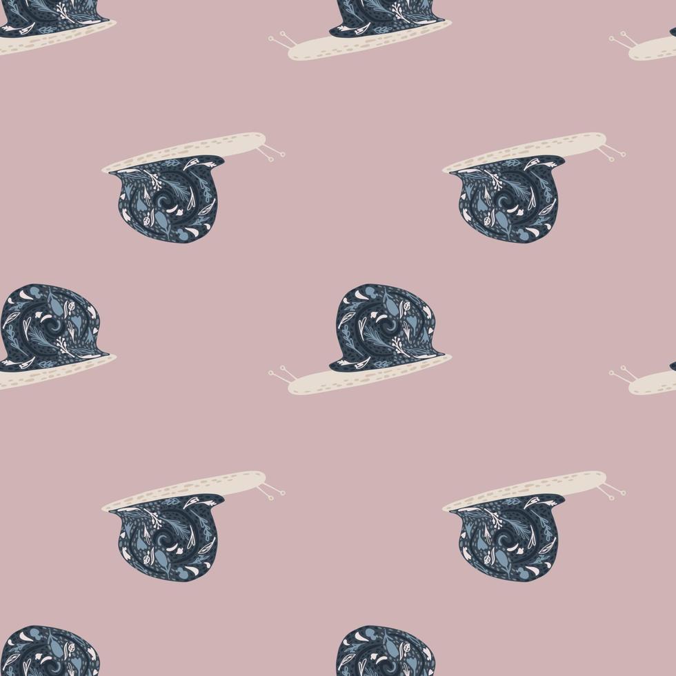 Minimalistic seamless doodle pattern with navy blue snails silhouettes. Pale lilac background. Decorative fauna ornament. vector