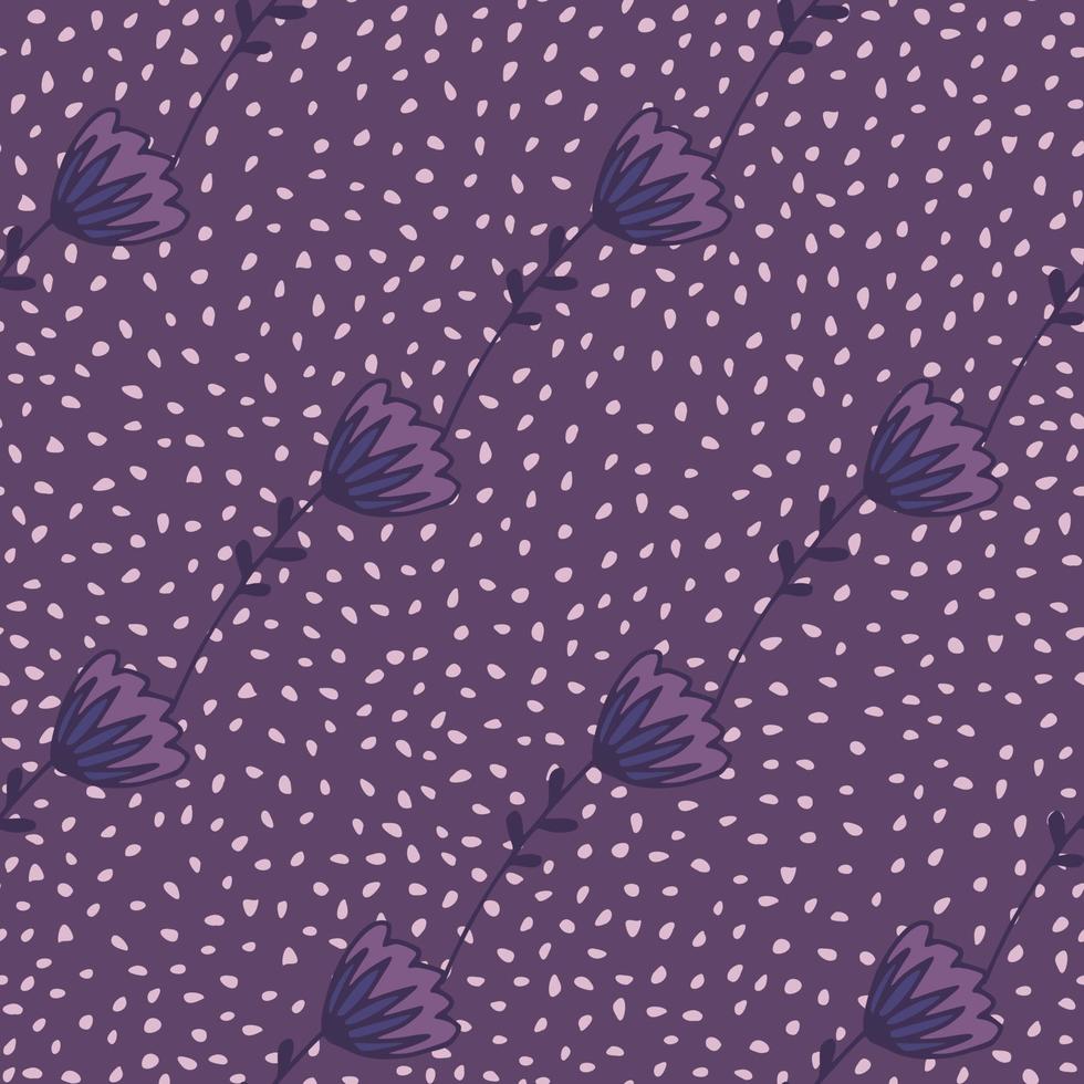 Botanic tulip outline flowers seamless pattern in purple colors. Background with dots. Simple stylized artwork. vector