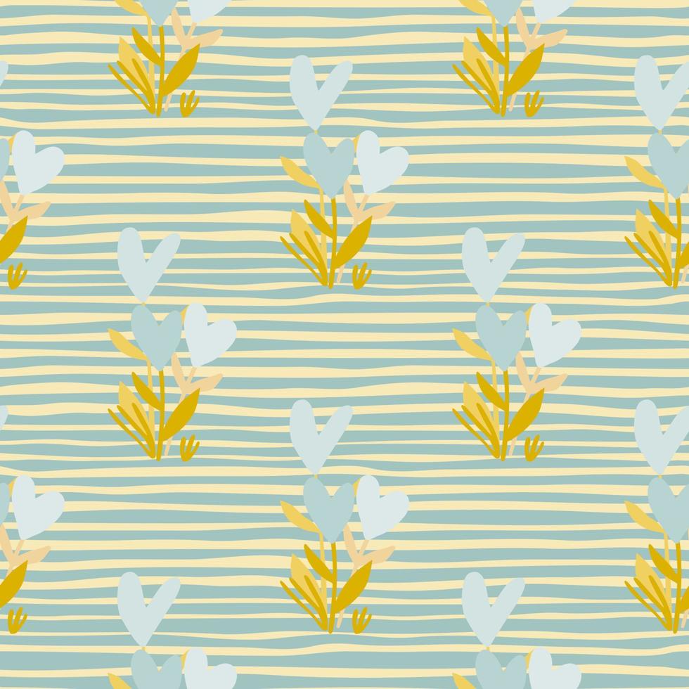 Seamless botanic pattern with flower heart elements. Design in pastel palette, blue and yellow tones. Background with strips. vector