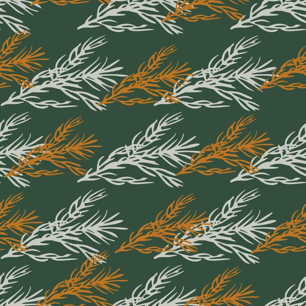 patrón transparente de romero de color blanco y naranja. fondo verde oscuro. impresión de hierba de dibujos animados. vector