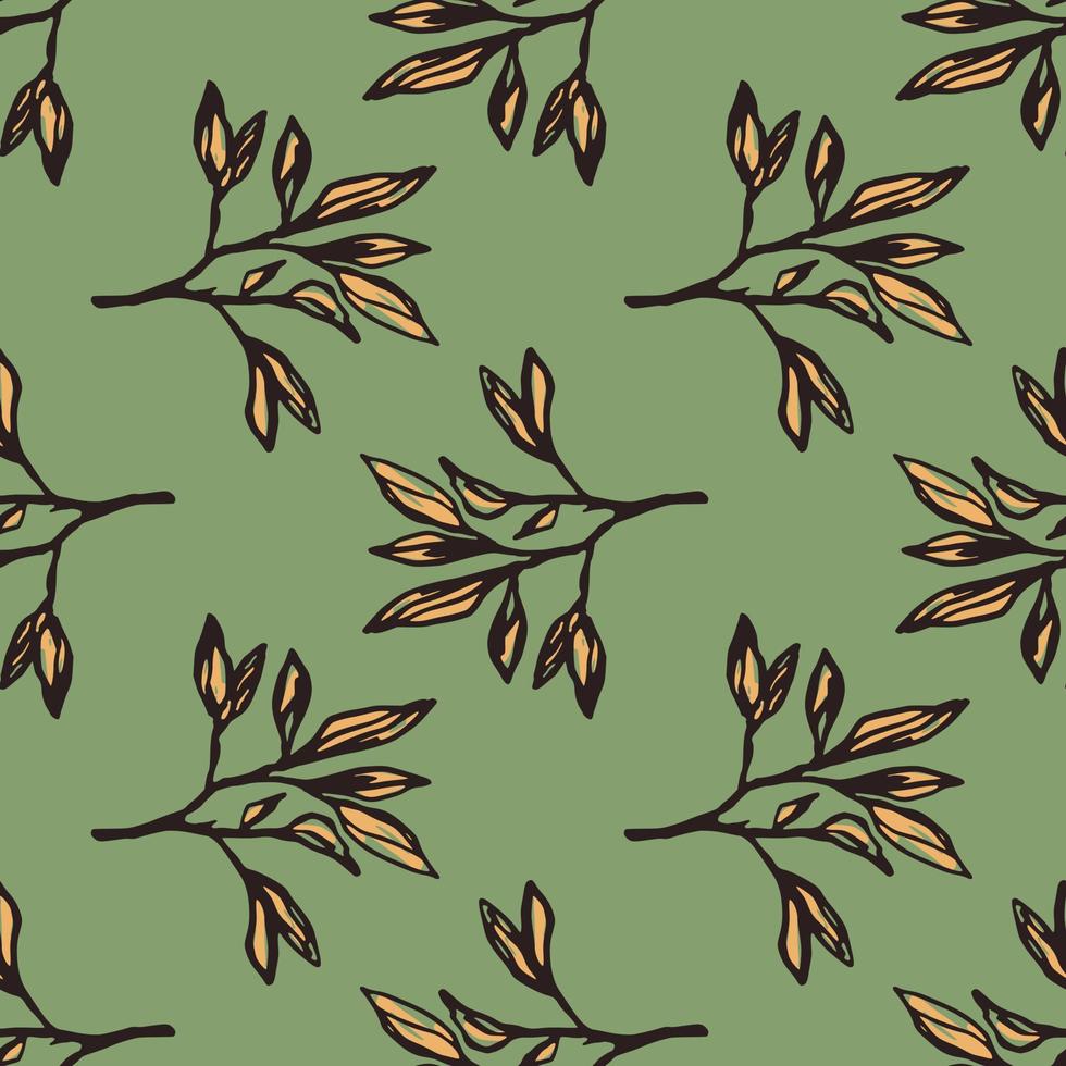 Autumn branch silhouettes seamless pattern. Orange foliage in black contour on green soft background. vector