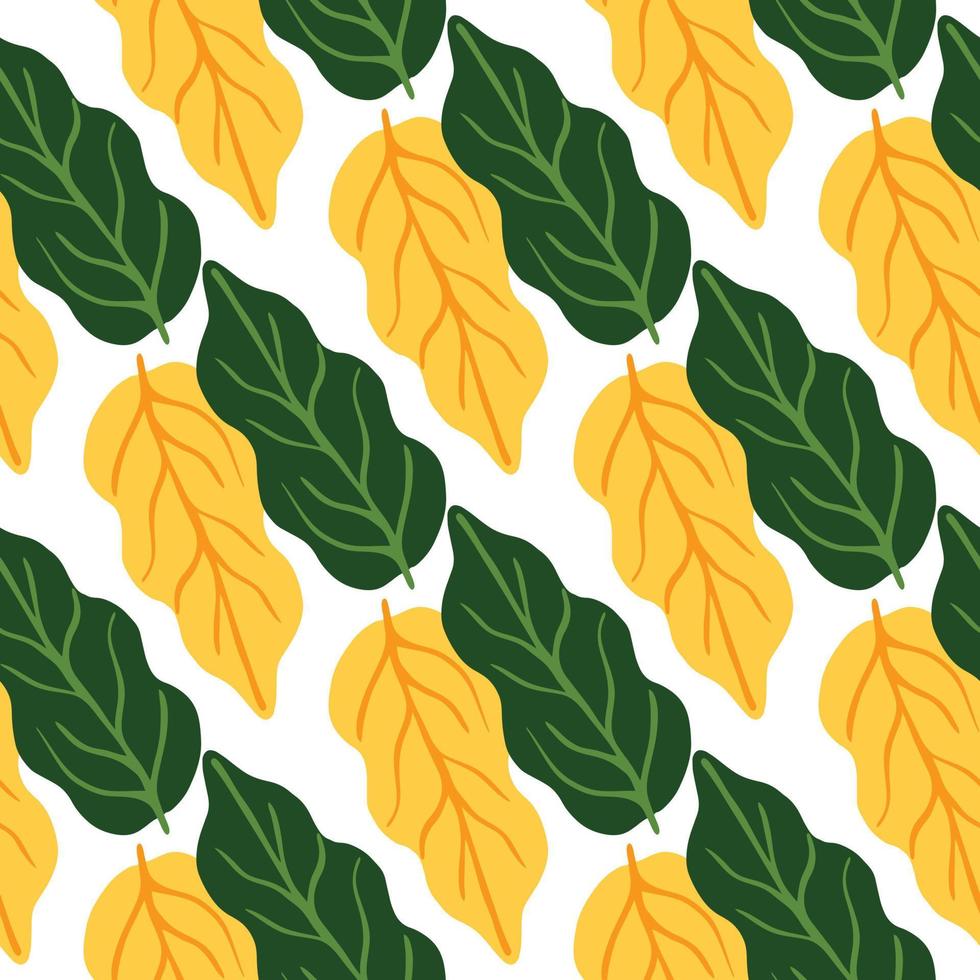 Hand drawn autumn leaves seamless pattern on white background. Yellow and green leaf. vector