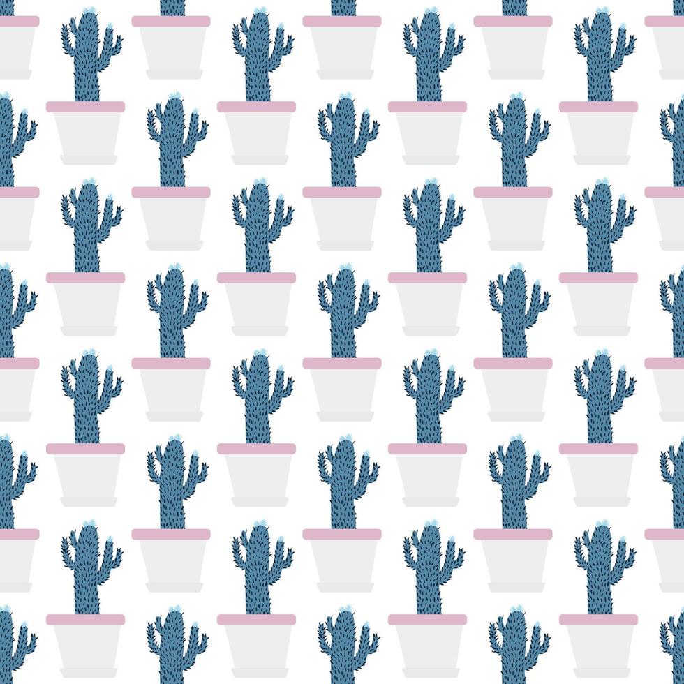 Seamless pattern with cactus in pot on white background. vector