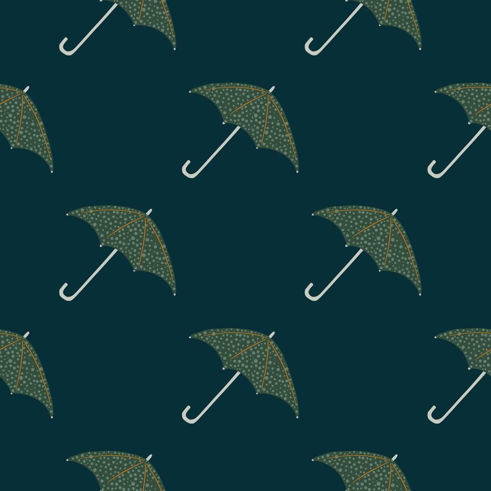 Dark seamless doodle pattern with green umbrella dotted ornament. Navy blue background. Minimalistic style. vector