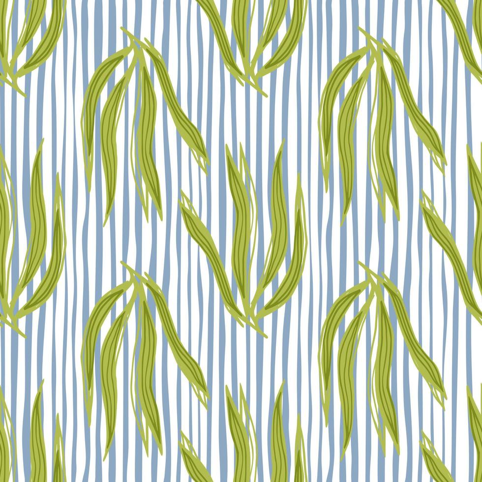 Retro seaweeds seamless pattern on stripe background. Underwater foliage backdrop vector