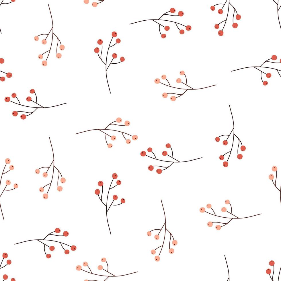 Isolated seamless seasonal pattern with random red berries silhouettes. White background. Simple plants print. vector