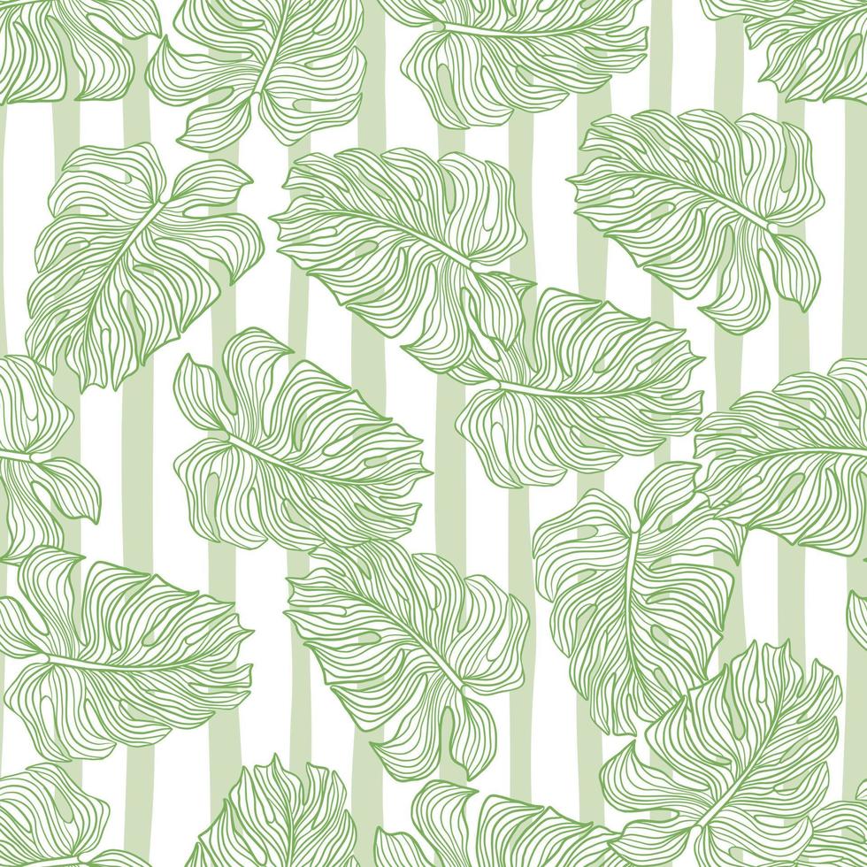 Linear monstera outline seamless pattern on stripe background. Tropical leaves backdrop. vector
