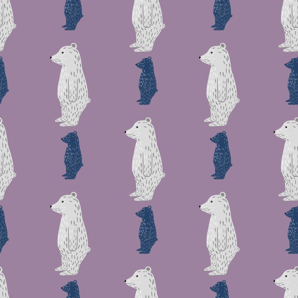 Cartoon seamless pattern with polar doodle bear ornament. Pastel puple background. Simple style artwork. vector