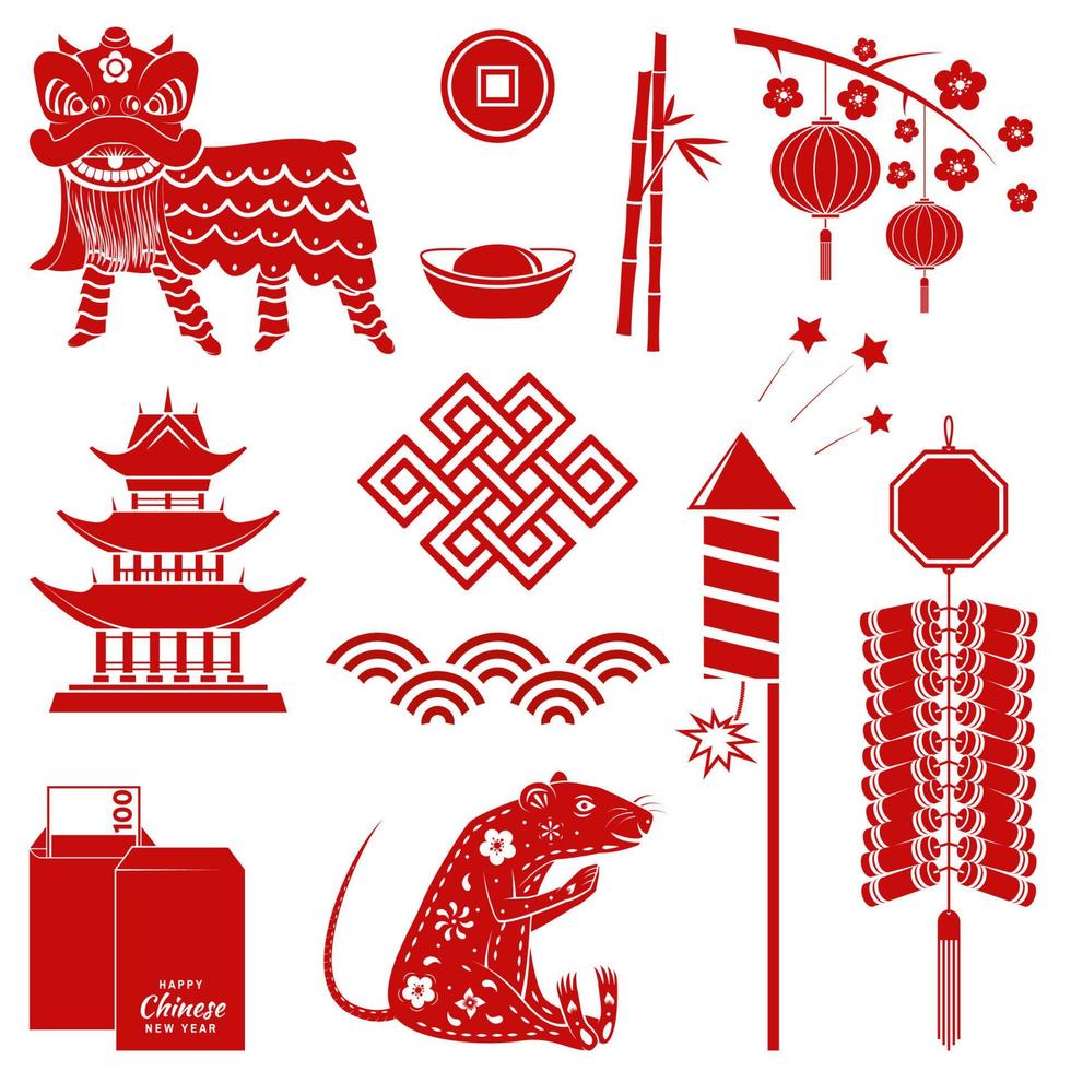 Set of red chinese new year silhouette icons. Vector. Set include firecracker, chinese lion, rat, envelope, money and equipment for chinese new year celebration. vector