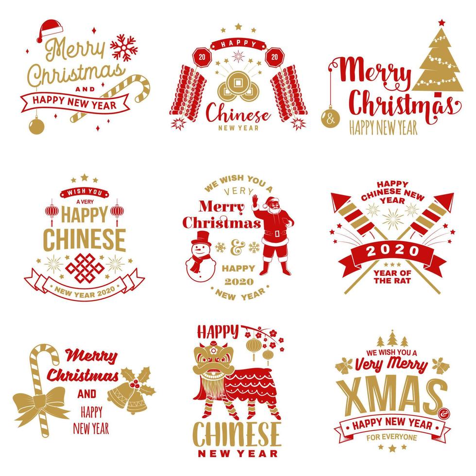 Set of Merry Christmas and happy Chinese New Year design in retro style. Vector. Vintage typography design for chinese new year and xmas emblem. vector