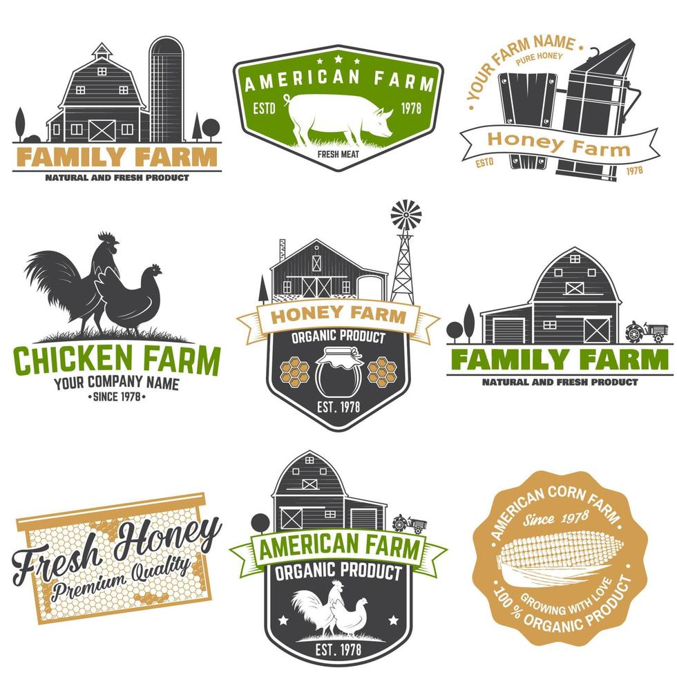 American Farm and Honey bee farm Badge or Label. Vintage typography design with bee, honeycomb piece, hive, chicken, pig, cow and farm house silhouette. Elements on the theme farm business. vector