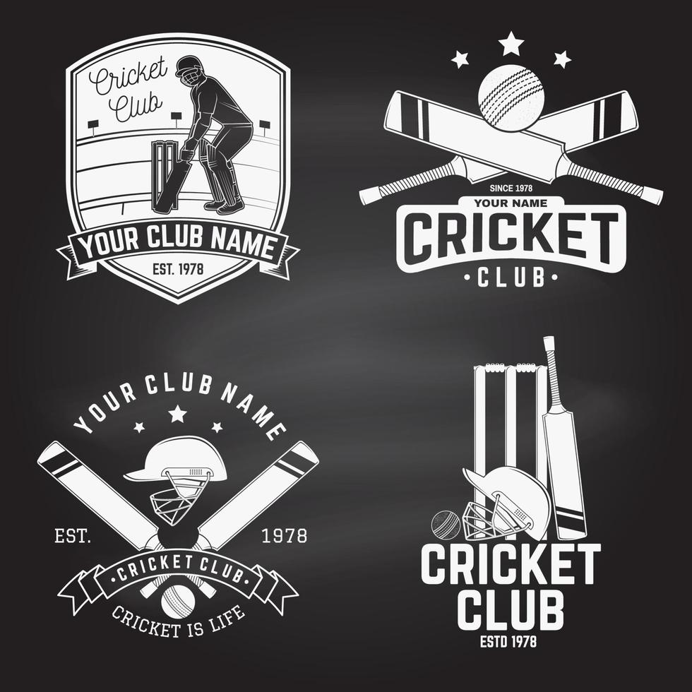 conjunto de insignias del club de cricket en la pizarra. vector. concepto para camisa, estampado, sello o camiseta. plantillas para el club deportivo de cricket. vector